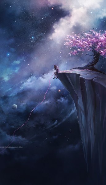 Anime picture 688x1200 with original megatruh single long hair tall image brown hair sitting cloud (clouds) inscription night night sky cherry blossoms rock girl dress ribbon (ribbons) plant (plants) petals tree (trees) star (stars)