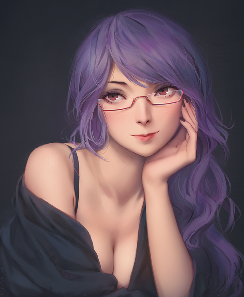 Anime picture 1280x1558 with tokyo ghoul studio pierrot kamishiro rize miura-n315 single long hair tall image looking at viewer fringe breasts light erotic simple background red eyes cleavage purple hair upper body nail polish fingernails lips realistic
