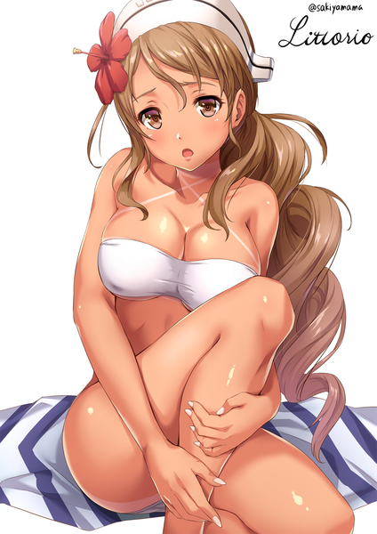 Anime picture 800x1131 with kantai collection littorio (kantai collection) sakiyamama single long hair tall image looking at viewer blush fringe breasts open mouth light erotic simple background hair between eyes brown hair large breasts white background sitting bare shoulders brown eyes