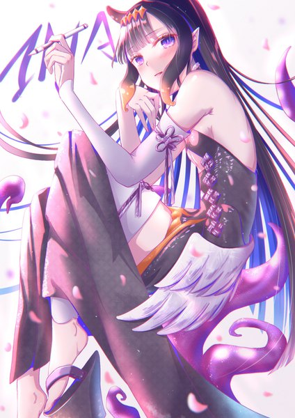 Anime picture 955x1350 with virtual youtuber hololive hololive english ninomae ina'nis ninomae ina'nis (1st costume) kinom (sculpturesky) single long hair tall image looking at viewer fringe black hair purple eyes animal ears full body blunt bangs pointy ears low wings tentacle hair girl