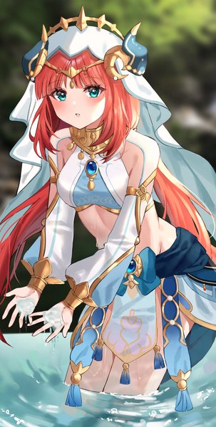 Anime picture 2249x4450 with genshin impact nilou (genshin impact) educk single long hair tall image looking at viewer blush fringe highres blue eyes standing twintails red hair blunt bangs long sleeves parted lips horn (horns) midriff depth of field