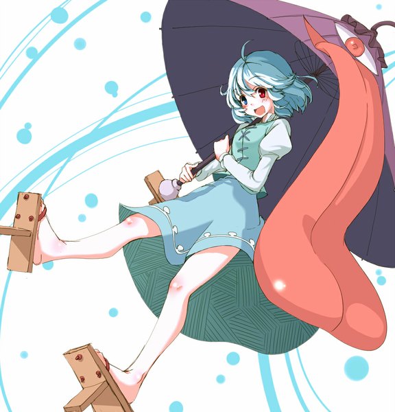 Anime picture 1024x1066 with touhou tatara kogasa kuroneko nero single tall image blush short hair open mouth blue hair from below heterochromia flying girl dress tongue umbrella