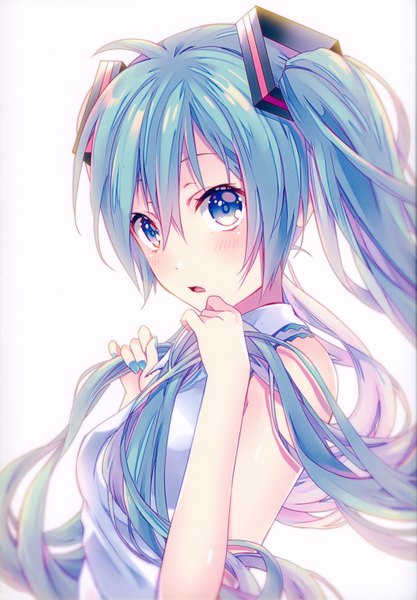 Anime picture 4202x6039 with vocaloid hatsune miku shiomizu (swat) single long hair tall image looking at viewer blush fringe highres open mouth blue eyes simple background hair between eyes twintails bare shoulders absurdres upper body nail polish fingernails