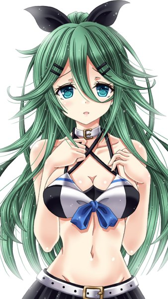Anime picture 640x1136 with kantai collection yamakaze (kantai collection) amou yuu single long hair tall image looking at viewer fringe breasts light erotic simple background hair between eyes white background upper body aqua eyes green hair groin girl navel ribbon (ribbons)
