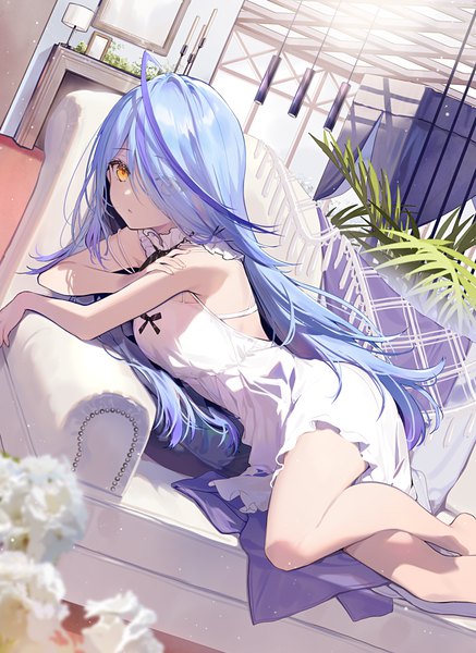 Anime picture 1200x1647 with original necomi (gussan) single long hair tall image fringe yellow eyes blue hair looking away bent knee (knees) indoors multicolored hair barefoot hair over one eye dutch angle streaked hair sleeveless reclining girl dress