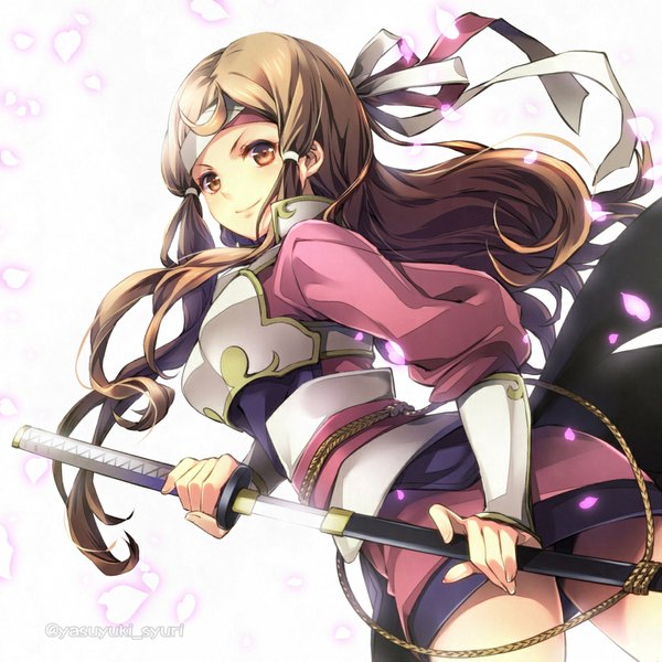 Anime picture 960x960 with fire emblem fire emblem fates kazahana (fire emblem if) shuri yasuyuki single long hair looking at viewer simple background smile brown hair standing white background twintails holding brown eyes long sleeves looking back fingernails from below long fingernails
