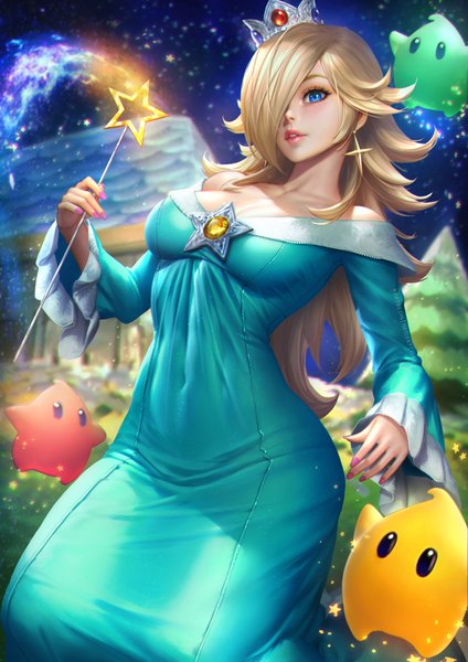 Anime picture 2480x3508 with super mario bros. rosetta (mario) chiko (mario) nudtawut thongmai single long hair tall image looking at viewer fringe highres breasts blue eyes blonde hair standing bare shoulders holding outdoors nail polish parted lips fingernails
