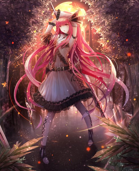 Anime picture 3000x3692 with original momingie single tall image fringe highres looking away pink hair full body blunt bangs very long hair pink eyes fighting stance girl weapon plant (plants) detached sleeves tree (trees) frills belt