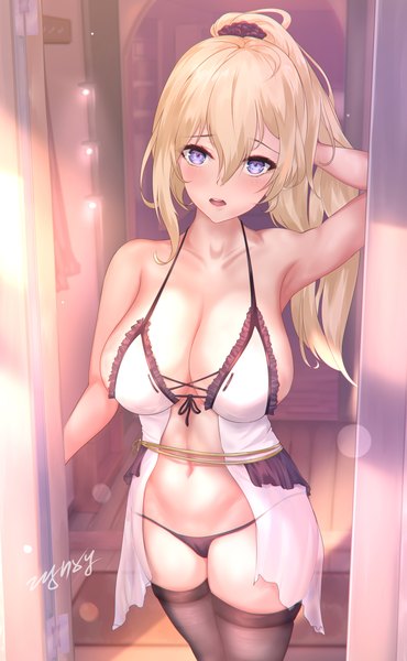 Anime picture 1500x2432 with original zynxy single long hair tall image looking at viewer blush fringe breasts open mouth light erotic blonde hair hair between eyes large breasts standing purple eyes signed cleavage ponytail indoors