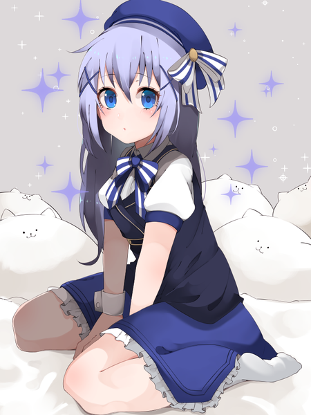 Anime picture 720x960 with gochuumon wa usagi desu ka? white fox kafuu chino tippy (gochiusa) akuan (7jackpot7) single long hair tall image looking at viewer blush fringe blue eyes simple background sitting purple hair ahoge bent knee (knees) grey background :o sparkle