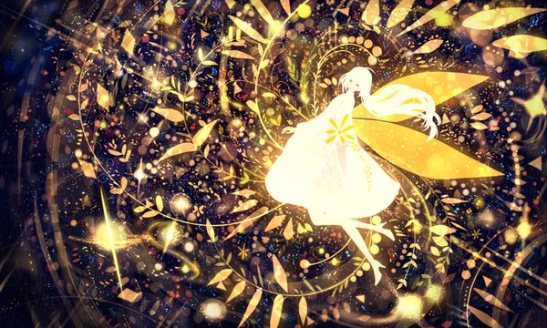 Anime picture 1750x1050 with original bounin single long hair fringe highres wide image ahoge bent knee (knees) white hair head tilt glowing weightlessness insect wings girl dress plant (plants) wings shoes leaf (leaves)