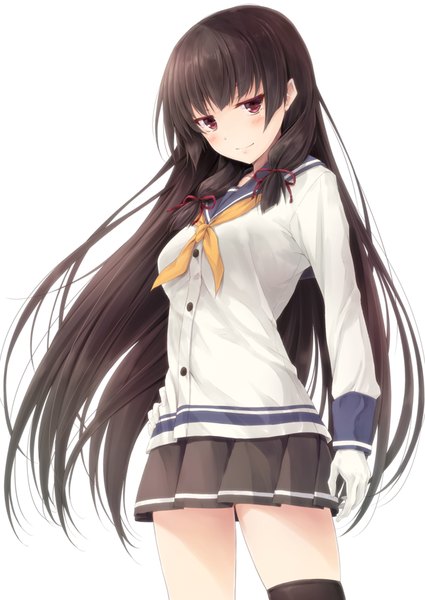 Anime picture 627x885 with kantai collection isokaze destroyer suien single long hair tall image looking at viewer blush fringe simple background smile red eyes brown hair white background hand on hip tress ribbon girl thighhighs gloves uniform