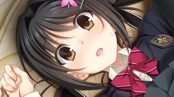 Anime picture 1280x720 with kiss bell giga miyamae eri long hair blush open mouth black hair wide image twintails brown eyes game cg girl uniform hair ornament ribbon (ribbons) hair ribbon school uniform bowtie