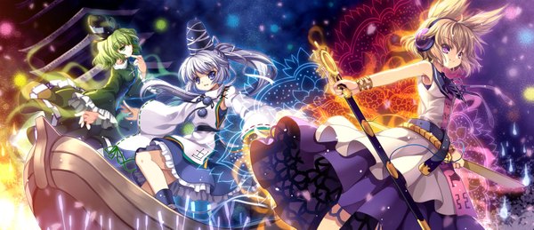 Anime picture 1500x649 with touhou toyosatomimi no miko mononobe no futo soga no tojiko capura lin short hair blue eyes blonde hair wide image purple eyes multiple girls green eyes silver hair green hair girl dress weapon hat sword 3 girls