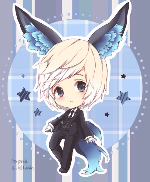 Anime picture 805x978 with original nemurou single tall image blush short hair blonde hair signed animal ears full body tail animal tail black eyes inscription chibi plaid plaid background boy gloves shirt