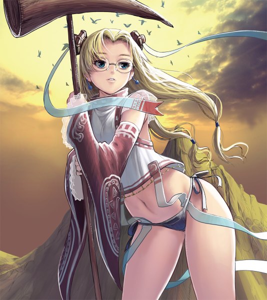 Anime picture 1069x1200 with original masao single tall image breasts blue eyes light erotic blonde hair twintails very long hair wide sleeves thighs girl navel underwear panties detached sleeves earrings shirt glasses