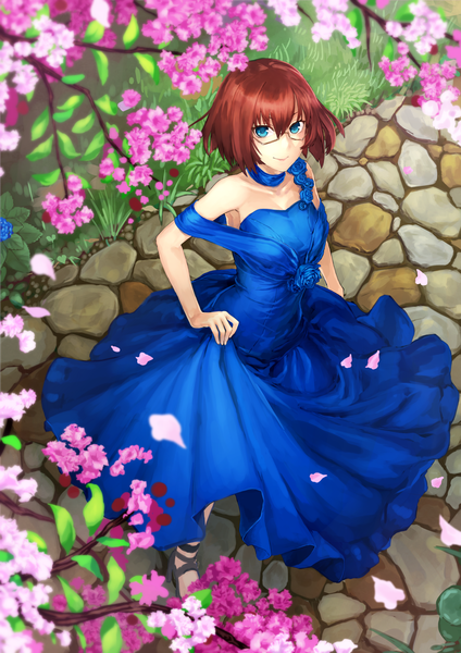 Anime picture 1240x1754 with original kaito nina aispec single tall image looking at viewer fringe short hair blue eyes hair between eyes brown hair standing full body from above depth of field girl dress flower (flowers) plant (plants) petals