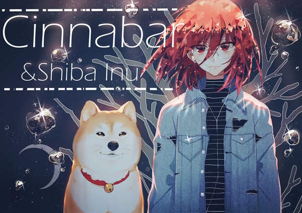 Anime picture 850x601 with houseki no kuni cinnabar (houseki no kuni) lococo:p single long hair looking at viewer red eyes red hair open jacket sparkle alternate costume character names casual androgynous bespectacled bandaid on face denim shiba inu animal glasses