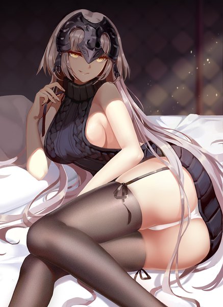 Anime picture 794x1089 with fate (series) fate/grand order jeanne d'arc (fate) (all) jeanne d'arc alter (fate) zjsstc single long hair tall image looking at viewer light erotic smile yellow eyes silver hair parted lips arm support alternate costume sideboob on side light reclining