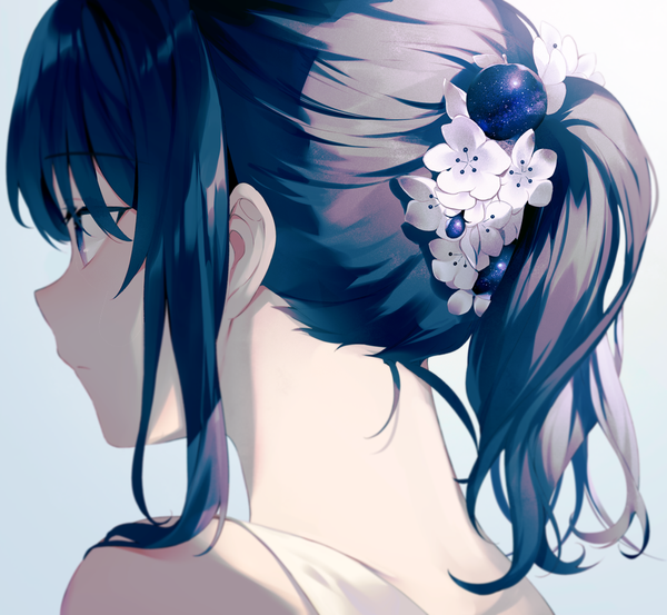 Anime picture 1000x922 with original achiki single fringe short hair black hair simple background purple eyes payot looking away upper body ponytail profile hair flower starry sky print girl flower (flowers) hair bobbles