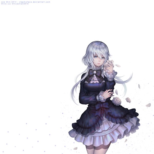 Anime picture 1000x1000 with slapmyface single long hair fringe breasts simple background standing white background holding looking away silver hair lips silver eyes girl dress flower (flowers) bow petals black dress rose (roses)