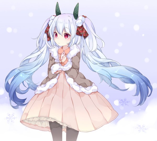 Anime picture 1333x1200 with original chico152 single long hair blush fringe standing twintails blue hair looking away purple hair pink eyes multicolored hair two-tone hair snowing gradient hair winter snow girl pantyhose