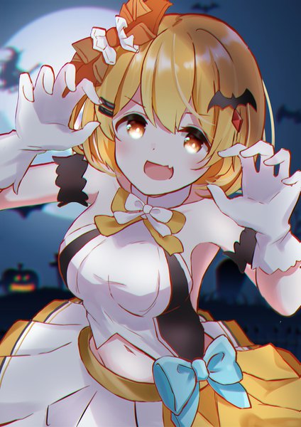 Anime picture 905x1280 with virtual youtuber hololive yozora mel ruruharu (wrau3422) single tall image fringe short hair open mouth blonde hair hair between eyes :d midriff orange eyes fang (fangs) official alternate costume halloween hololive idol uniform girl gloves