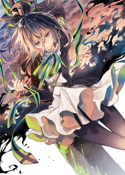 Anime picture 600x839 with butsuri shoujo hitsugi nie oshio (dayo) single long hair tall image looking at viewer fringe black hair hair between eyes holding cloud (clouds) arm up grey hair grey eyes dutch angle girl dress ribbon (ribbons) weapon