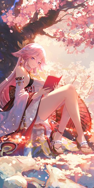 Anime picture 2250x4500 with genshin impact yae miko transparent (artist) single long hair tall image fringe highres hair between eyes sitting purple eyes animal ears pink hair outdoors nail polish traditional clothes japanese clothes bare legs fox ears cherry blossoms