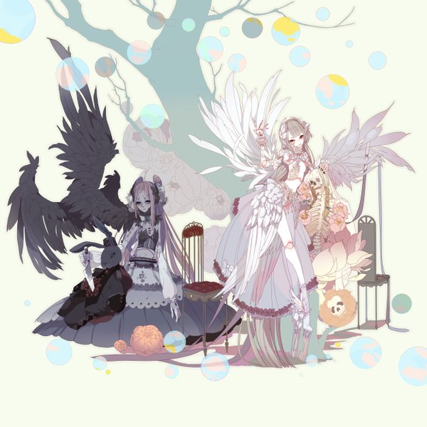 Anime picture 2500x2500 with original miemia long hair highres blue eyes red eyes white background multiple girls pink hair grey hair skeleton girl dress flower (flowers) 2 girls plant (plants) wings tree (trees) shoes toy