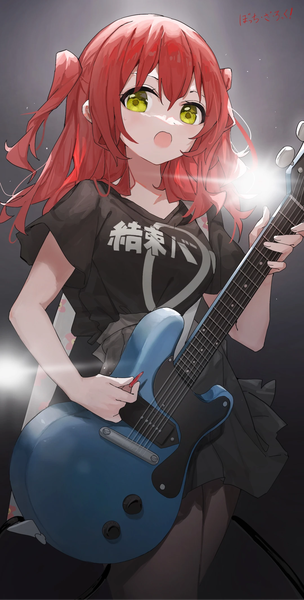 Anime picture 1080x2132 with bocchi the rock! cloverworks kita ikuyo sentter single long hair tall image looking at viewer fringe open mouth simple background hair between eyes standing holding green eyes red hair blurry :o short sleeves two side up