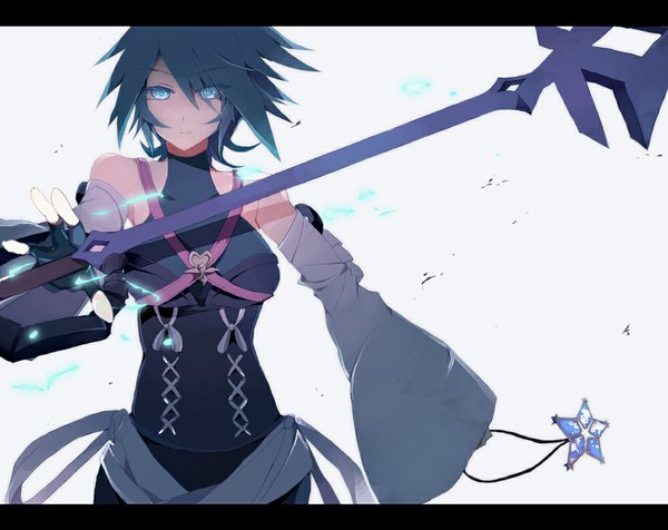 Anime picture 1000x794 with kingdom hearts square enix aqua (kingdom hearts) nynxxxko single short hair blue eyes white background blue hair magic letterboxed girl detached sleeves fingerless gloves star (symbol) staff