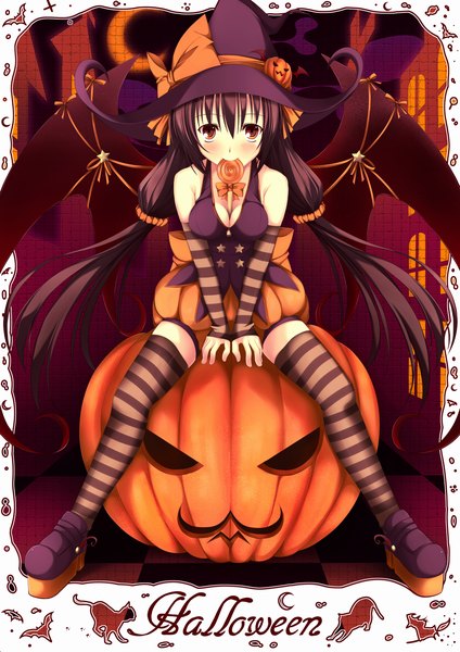 Anime picture 1000x1414 with original nanahosi seiiki (artist) single long hair tall image looking at viewer blush black hair red eyes halloween bat wings girl thighhighs bow detached sleeves wings witch hat striped thighhighs lollipop vegetables
