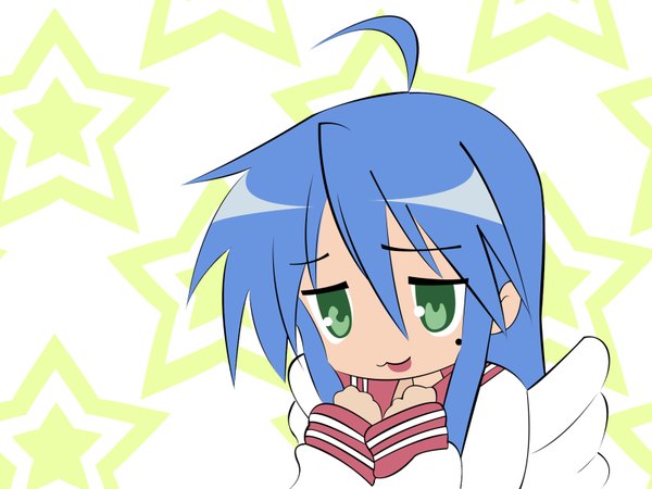 Anime picture 1600x1200 with lucky star kanon kyoto animation key (studio) izumi konata tsukimiya ayu highres green eyes blue hair ahoge mole wallpaper mole under eye vector parody girl uniform school uniform wings star (symbol)