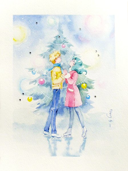 Anime picture 898x1200 with bishoujo senshi sailor moon toei animation kaiou michiru tenou haruka ash (valery ash) long hair tall image short hair blonde hair multiple girls profile aqua hair holding hands christmas looking up traditional media watercolor (medium) ice skating girl 2 girls