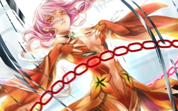 Anime picture 1680x1050 with guilty crown production i.g yuzuriha inori kingchenxi single long hair fringe breasts light erotic wide image twintails pink hair midriff orange eyes center opening falling girl navel flower (flowers) fingerless gloves