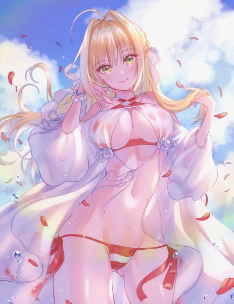 Anime picture 1000x1295 with fate (series) fate/grand order nero claudius (fate) nero claudius (swimsuit caster) (fate) magako single long hair tall image looking at viewer blush fringe breasts light erotic blonde hair hair between eyes large breasts bare shoulders green eyes payot sky