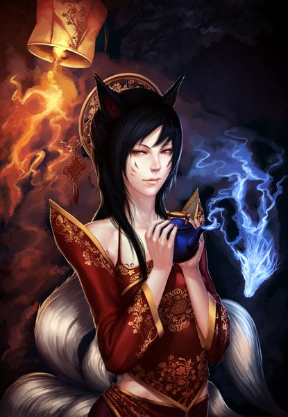 Anime picture 1215x1754 with league of legends ahri (league of legends) arieaesu single long hair tall image looking at viewer black hair holding animal ears yellow eyes tail traditional clothes animal tail night orange eyes fox ears magic facial mark fox tail