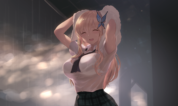 Anime picture 6496x3898 with boku wa tomodachi ga sukunai kashiwazaki sena cait single long hair blush fringe highres breasts open mouth light erotic blonde hair hair between eyes wide image large breasts payot absurdres cloud (clouds) upper body eyes closed