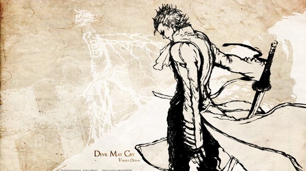 Anime picture 1920x1080 with devil may cry vergil chayamachi suguro daybreak single highres short hair wide image standing signed from behind looking down monochrome third-party edit boy weapon sword katana