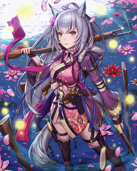 Anime picture 800x1000 with original remana single long hair tall image looking at viewer blush fringe breasts standing holding animal ears silver hair ahoge outdoors tail long sleeves traditional clothes parted lips japanese clothes