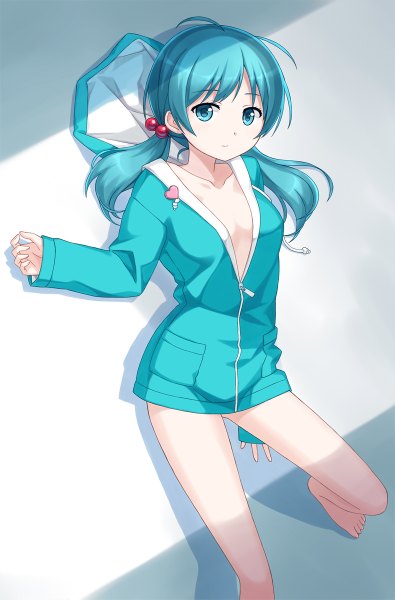 Anime picture 790x1200 with touhou kawashiro nitori tucana single long hair tall image blue eyes light erotic standing twintails looking away aqua hair no bra alternate costume low twintails girl hair ornament hood hoodie hair bobbles