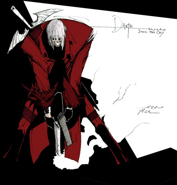 イラスト 1540x1608 と デビル メイ クライ dante (devil may cry) 長身像 短い髪 白背景 white hair grin red background 男性 武器 剣 銃砲 マント