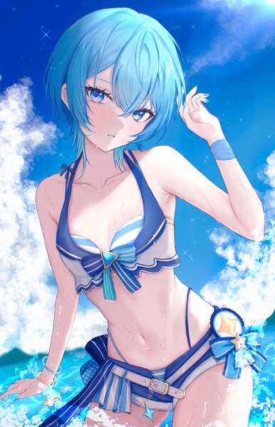 Anime picture 1800x2800 with virtual youtuber hololive hoshimachi suisei nolc single tall image looking at viewer fringe highres light erotic hair between eyes sky cloud (clouds) head tilt official alternate costume open shorts hololive summer 2023 swimsuit girl navel swimsuit