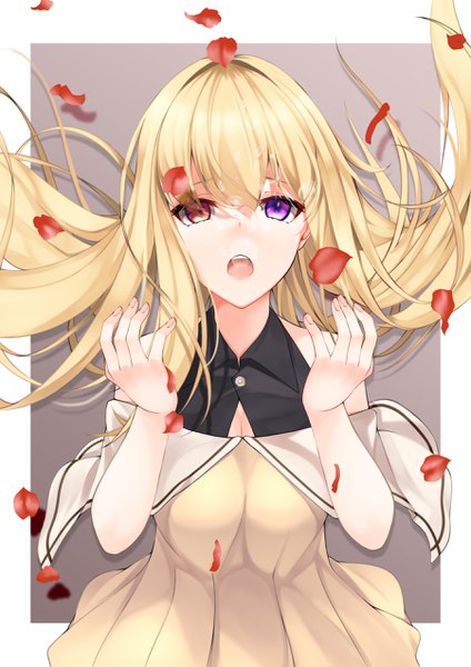 Anime picture 1800x2546 with original shirafuji ene single long hair tall image looking at viewer fringe highres open mouth simple background blonde hair hair between eyes red eyes purple eyes bare shoulders off shoulder arms up :o heterochromia floating hair