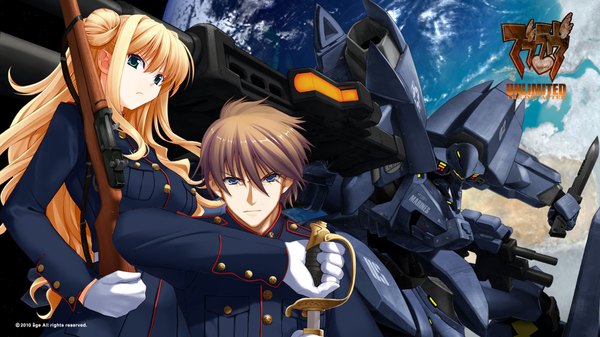 Anime picture 1920x1080 with muv-luv highres blue eyes blonde hair brown hair wide image green eyes couple uniform weapon sword gun military uniform planet rifle mecha