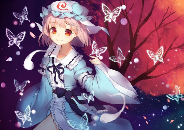 Anime picture 1000x707 with touhou saigyouji yuyuko acidear single fringe short hair smile red eyes looking away pink hair from above wide sleeves cherry blossoms girl dress plant (plants) petals tree (trees) insect butterfly