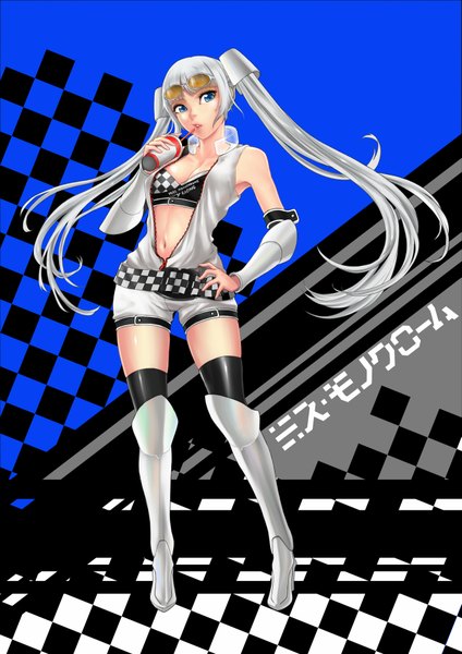 Anime picture 1315x1860 with miss monochrome miss monochrome (character) haiashi single long hair tall image blue eyes twintails silver hair midriff hand on hip girl thighhighs navel black thighhighs shorts thigh boots sunglasses white shorts