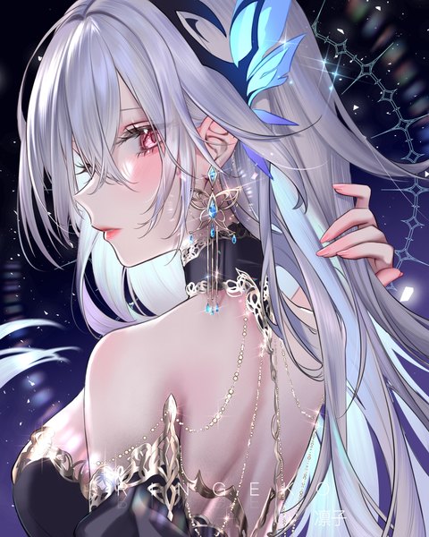 Anime-Bild 4000x5000 mit genshin impact skirk (genshin impact) ringeko-chan single long hair tall image looking at viewer blush fringe highres breasts light erotic hair between eyes red eyes large breasts bare shoulders signed absurdres silver hair upper body