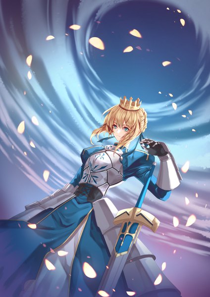 Anime picture 2480x3508 with fate (series) fate/grand order artoria pendragon (all) saber chicken (dalg-idalg) single tall image fringe highres short hair blue eyes blonde hair hair between eyes standing arm up from below looking down girl weapon sword